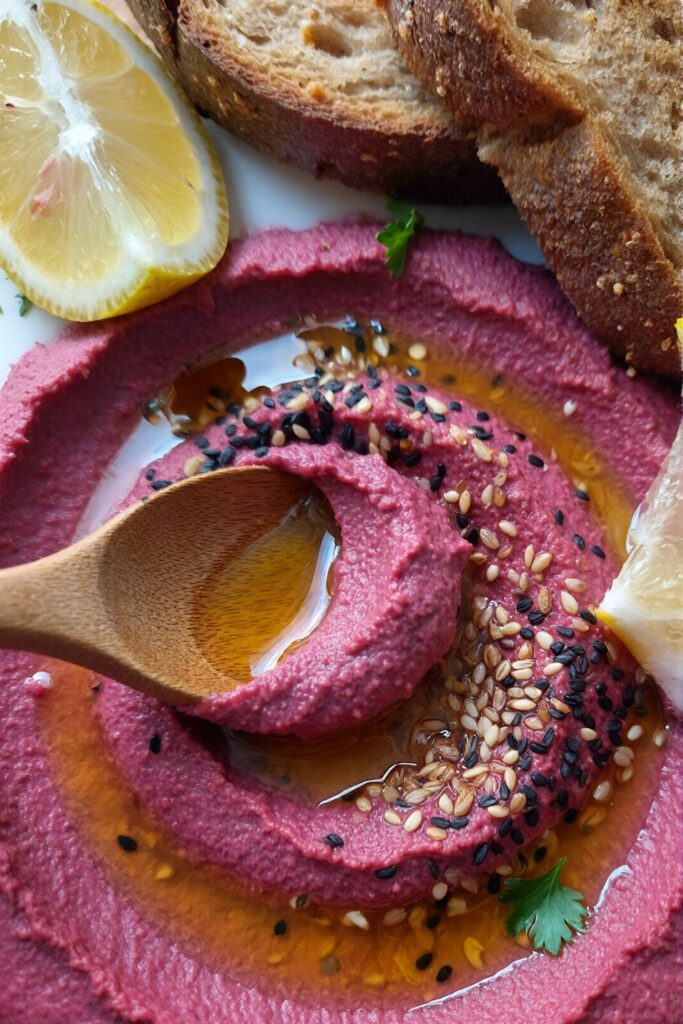 Quick Vegan Beet Hummus Toasts with Dill
