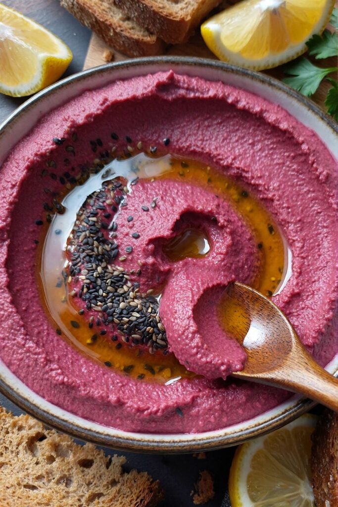 Quick Vegan Beet Hummus Toasts with Dill