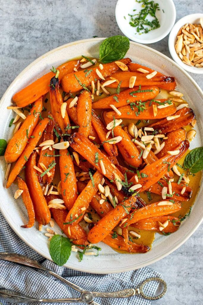 Maple-Balsamic Roasted Carrots & Brussels with Toasted Almonds
