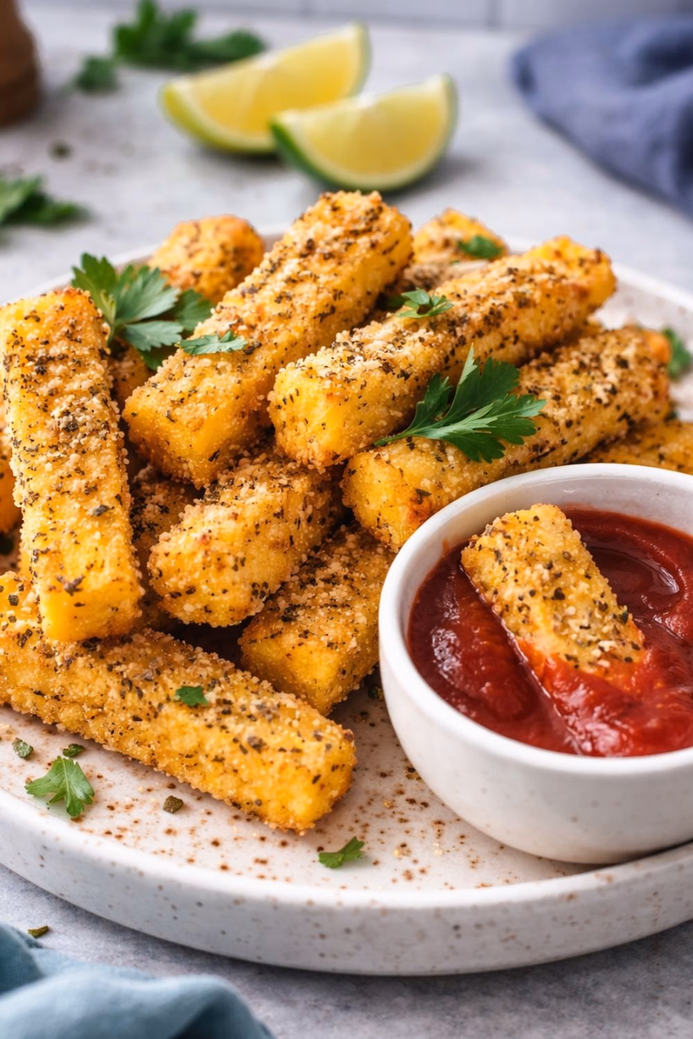 Vegan Crispy Polenta Fries with Marinara Dip