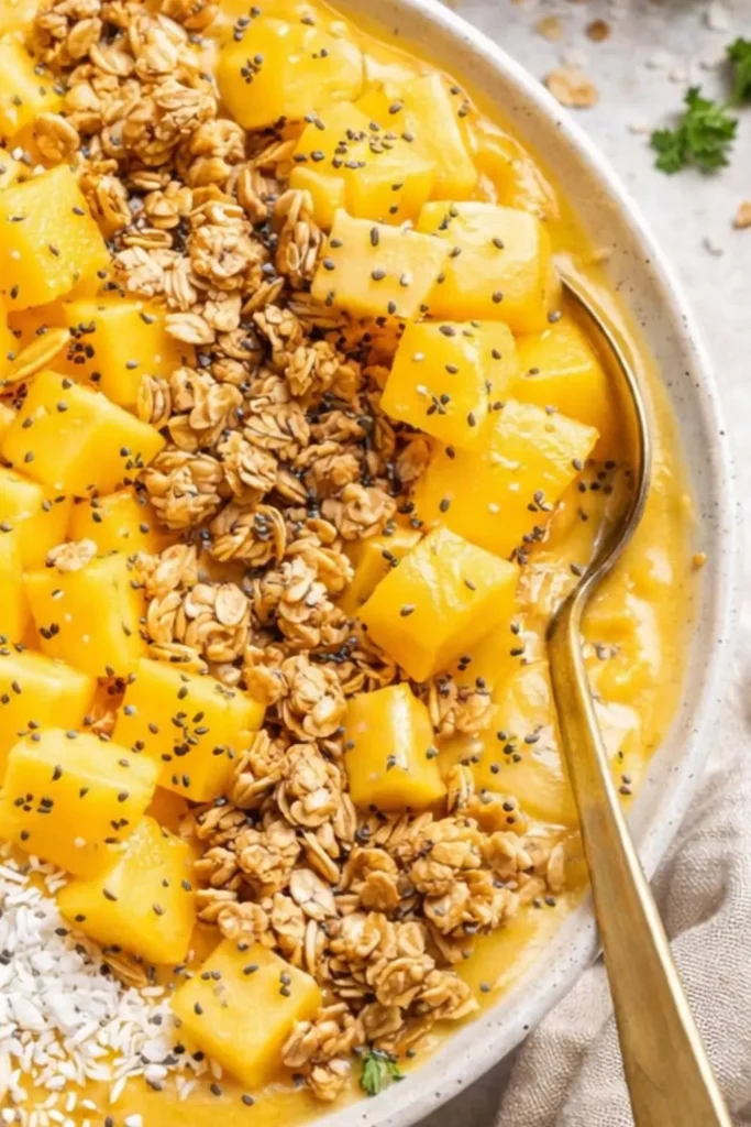 Tropical Vegan Breakfast Bowl with Mango and Pineapple