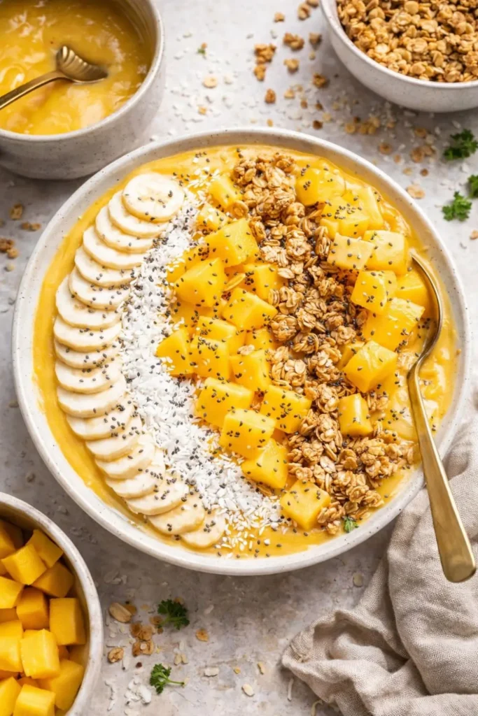 Tropical Vegan Breakfast Bowl with Mango and Pineapple