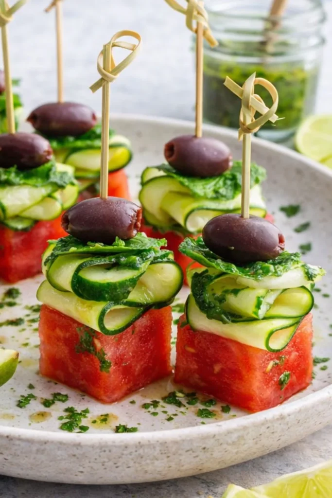 Vegan Herbed Melon & Olive Skewers