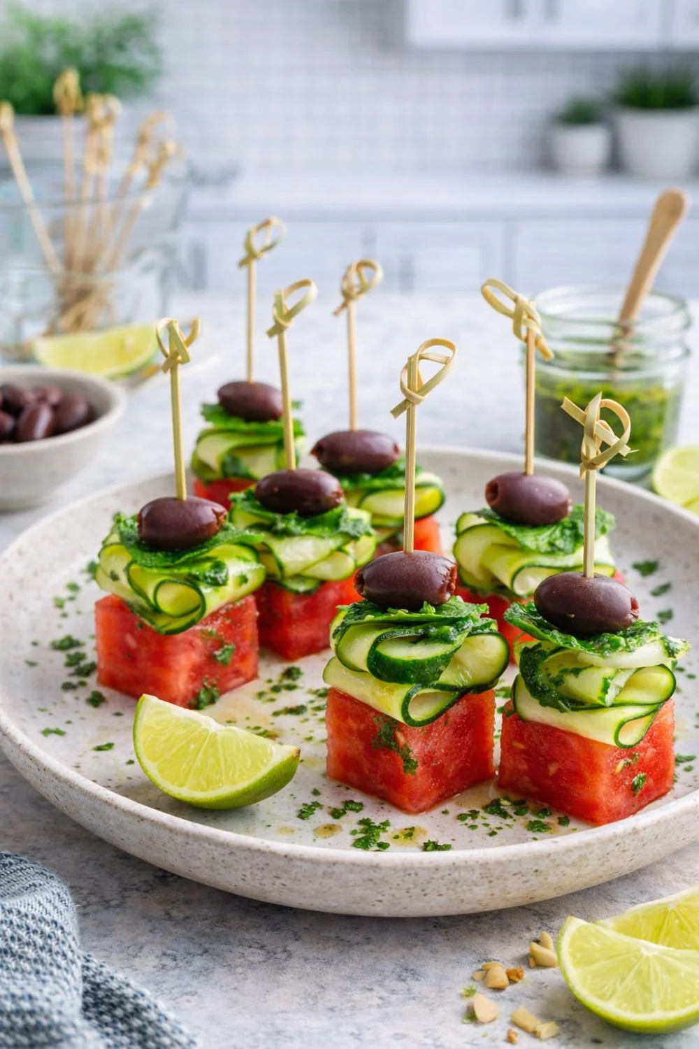 Vegan Herbed Melon & Olive Skewers
