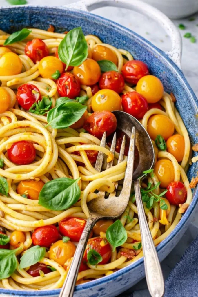 Vegan One-Pot Lemon Garlic Pasta with Cherry Tomatoes