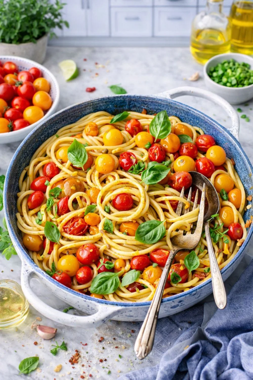 Vegan One-Pot Lemon Garlic Pasta with Cherry Tomatoes