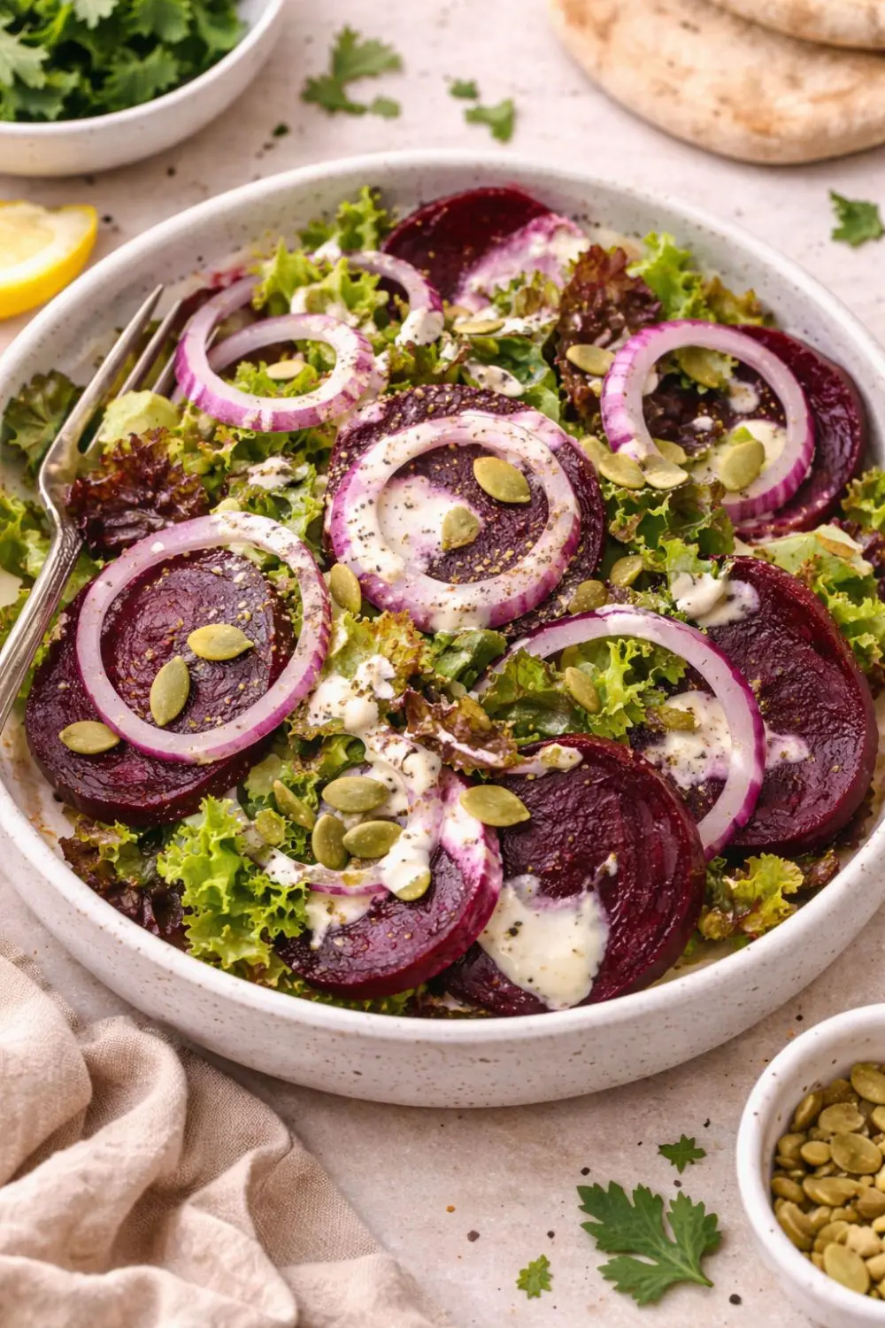 Vegan Roasted Beet & Asparagus Grain Bowl with Horseradish Dressing