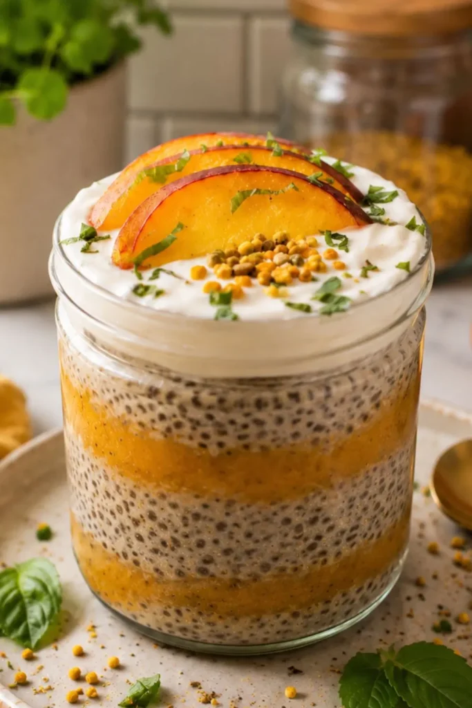 Creamy Vegan Vanilla Chia Pudding with Fresh Peaches