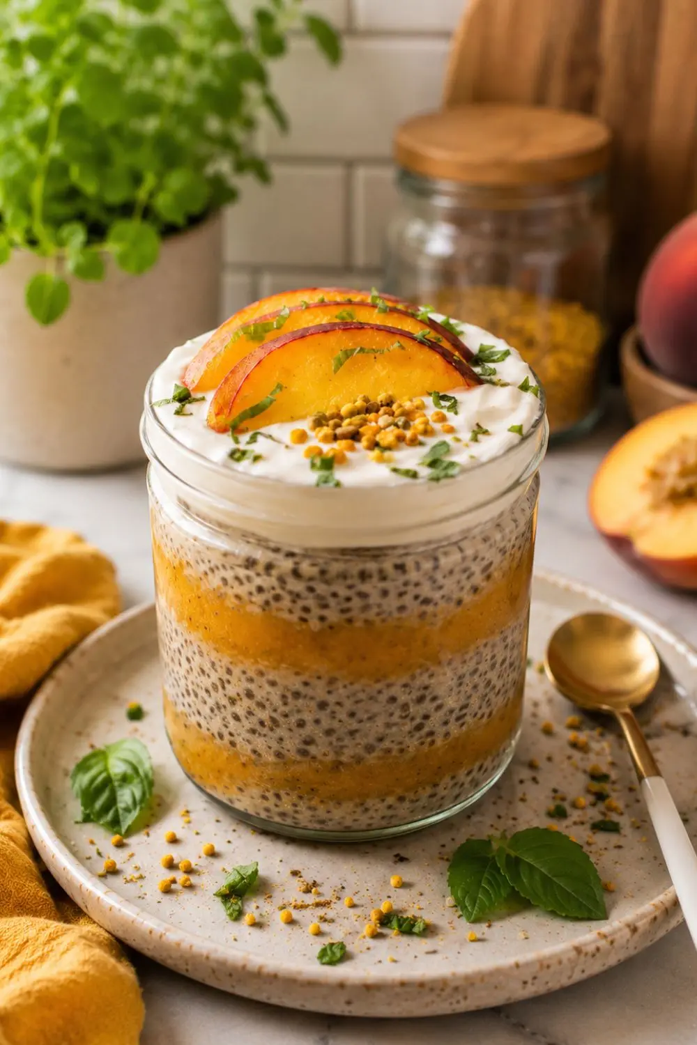 Creamy Vegan Vanilla Chia Pudding with Fresh Peaches
