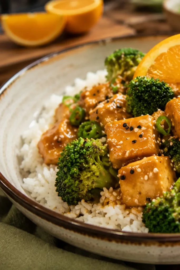Crockpot Vegan Orange Tofu with Jasmine Rice