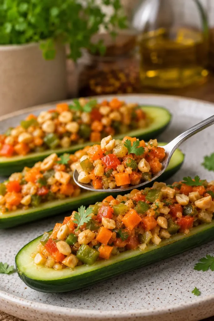 Slow Cooker Vegan Stuffed Zucchini Boats