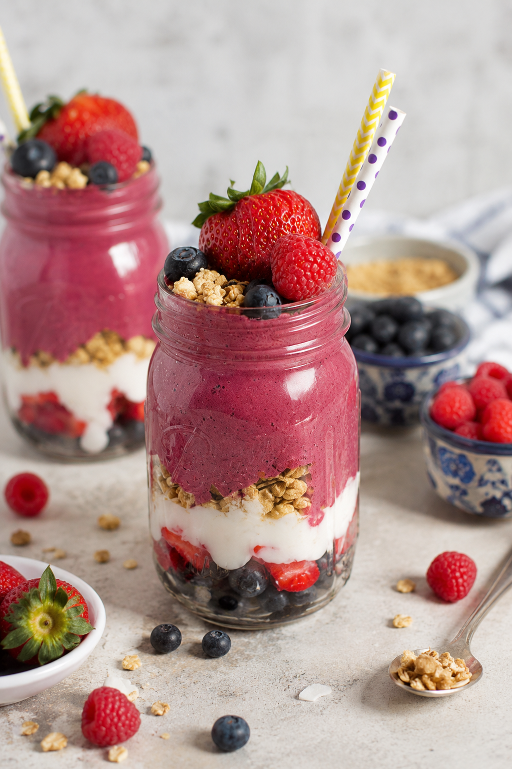 Layered Berry & Coconut Vegan Protein Smoothie Jar