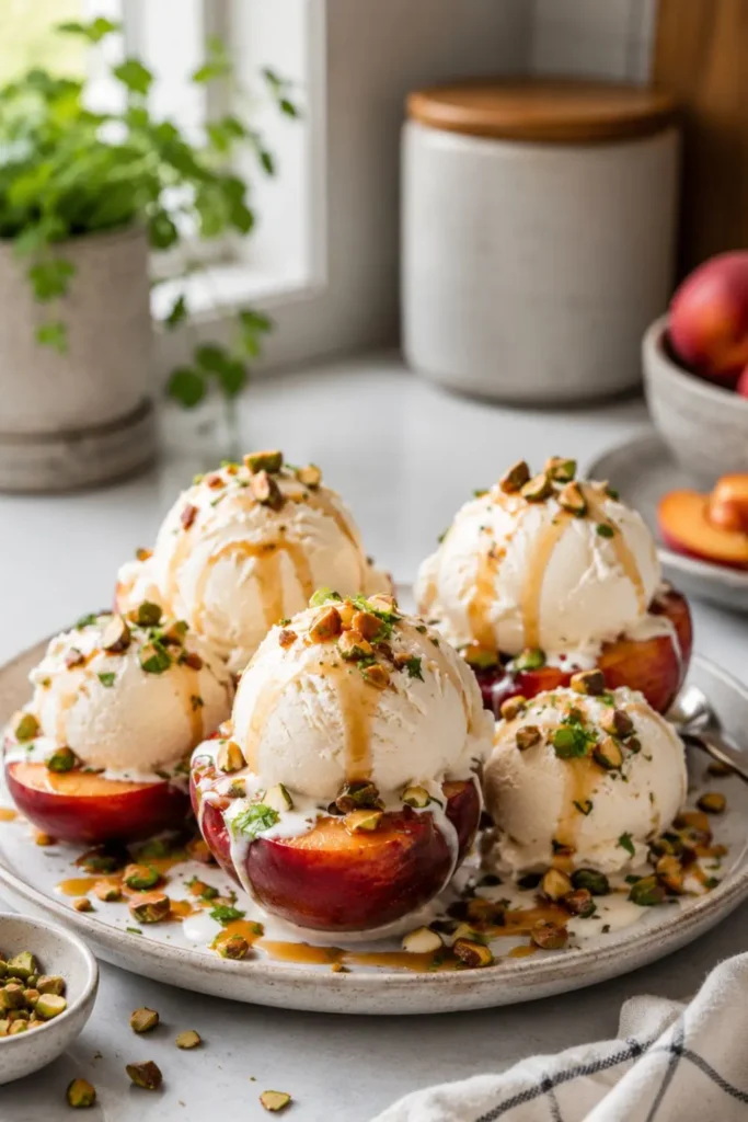 Grilled Peaches with Vegan Vanilla Ice Cream