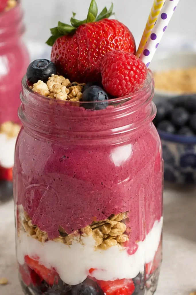 Layered Berry & Coconut Vegan Protein Smoothie Jar