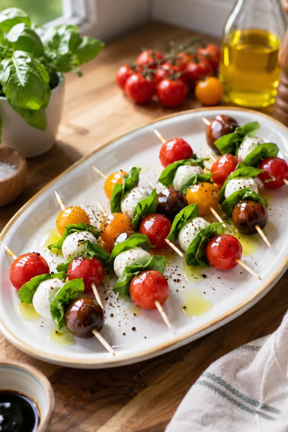 Mini Caprese Skewers with Vegan Mozzarella and Basil Oil