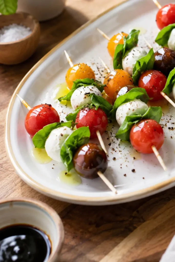 Mini Caprese Skewers with Vegan Mozzarella and Basil Oil