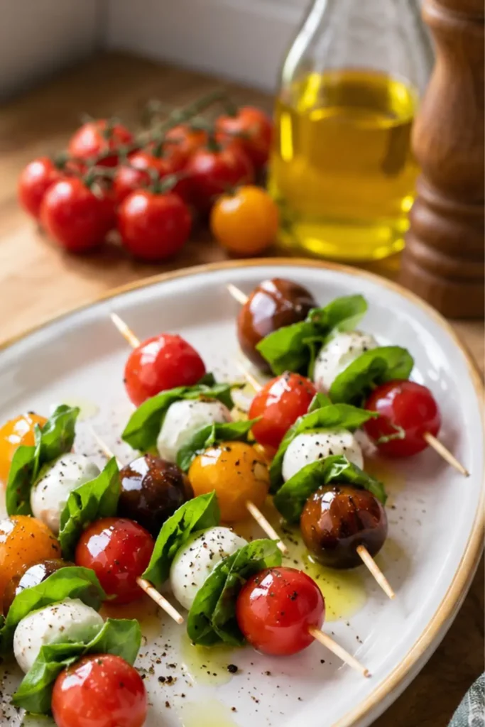 Mini Caprese Skewers with Vegan Mozzarella and Basil Oil