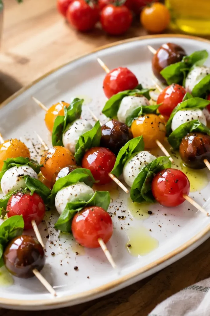 Mini Caprese Skewers with Vegan Mozzarella and Basil Oil