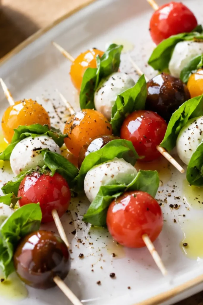 Mini Caprese Skewers with Vegan Mozzarella and Basil Oil