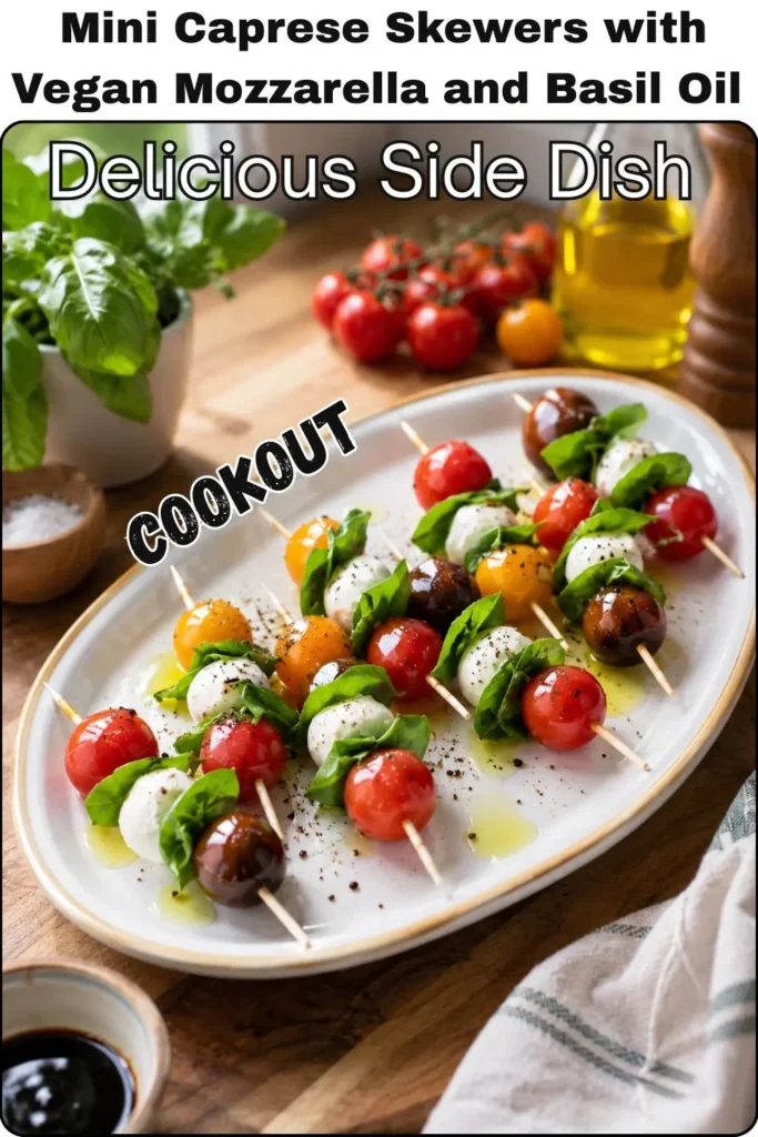 Mini Caprese Skewers with Vegan Mozzarella and Basil Oil