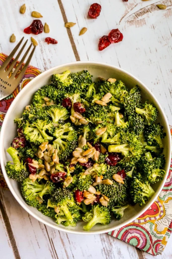 Vegan Broccoli Salad with Bacon Bits and Cranberries