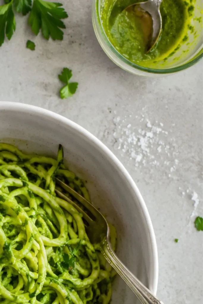 Cold Zucchini Noodles with Silky Avocado Pesto Sauce