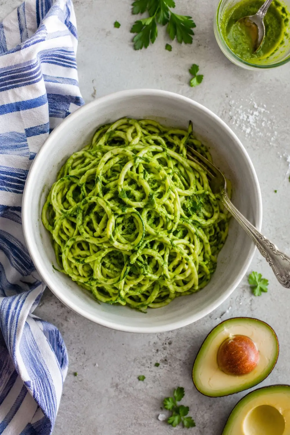 Cold Zucchini Noodles with Silky Avocado Pesto Sauce