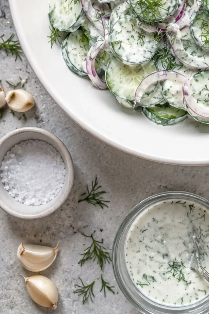 Creamy Vegan Garlic & Herb Cucumber Tomato Salad