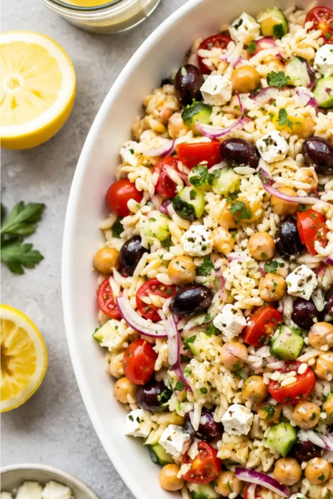 Greek Orzo & Chickpea Salad with Creamy Lemon Dressing