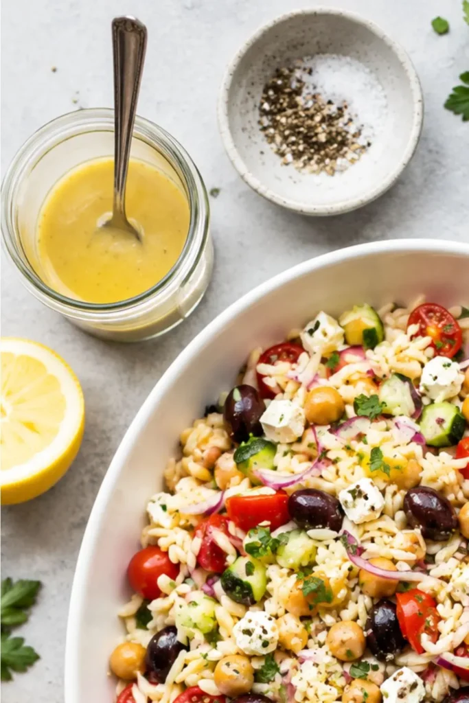 Greek Orzo & Chickpea Salad with Creamy Lemon Dressing