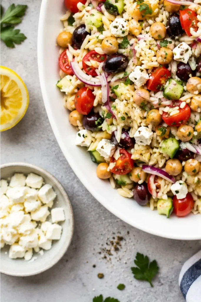 Greek Orzo & Chickpea Salad with Creamy Lemon Dressing