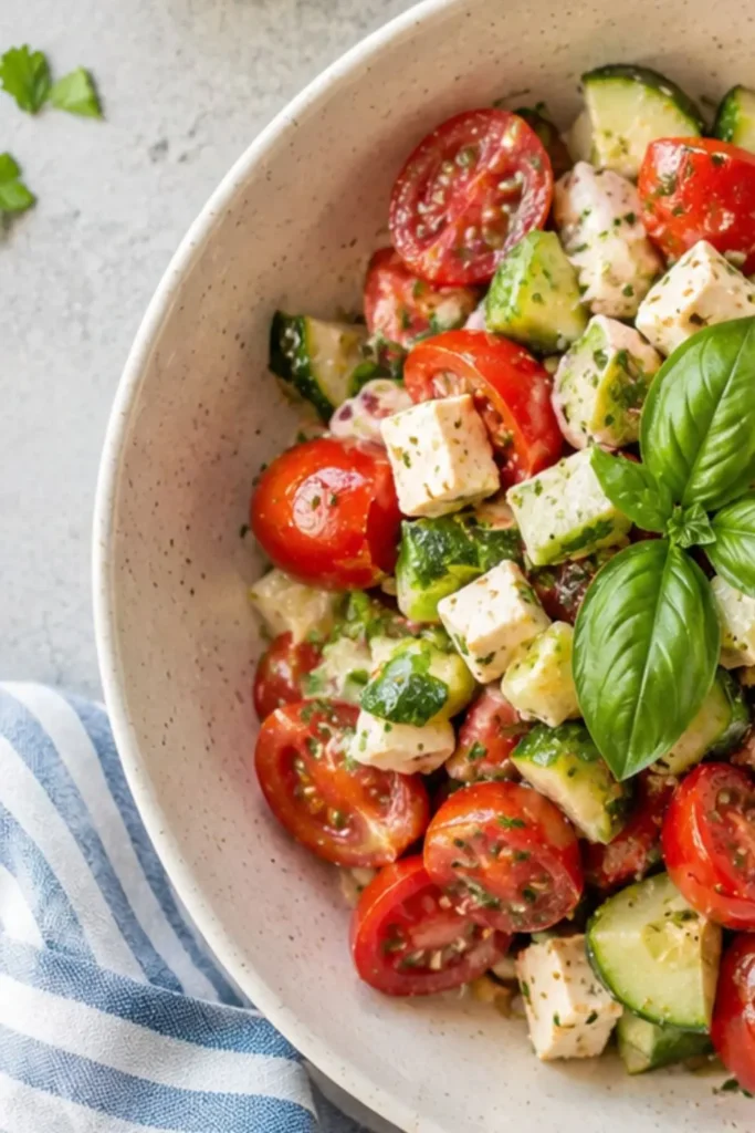Greek Style Cucumber Tomato Salad with Vegan Feta