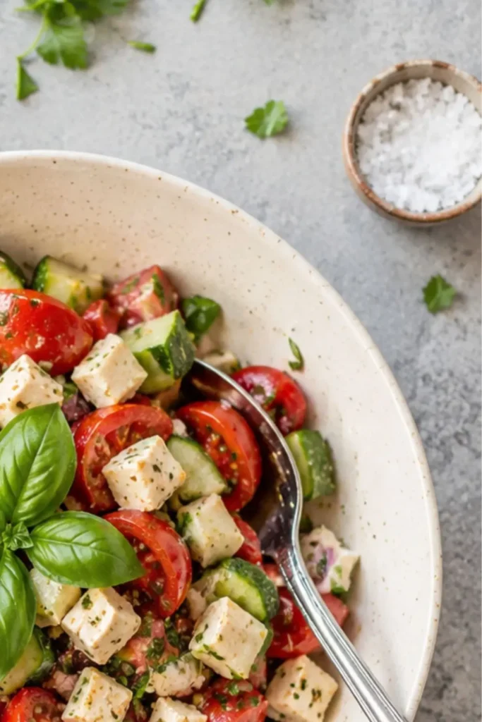 Greek Style Cucumber Tomato Salad with Vegan Feta