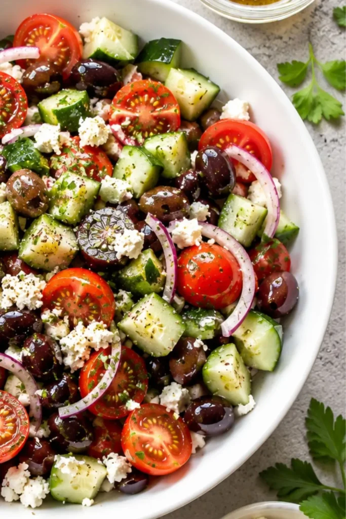Loaded Mediterranean Cucumber Tomato Salad with Kalamata Olives
