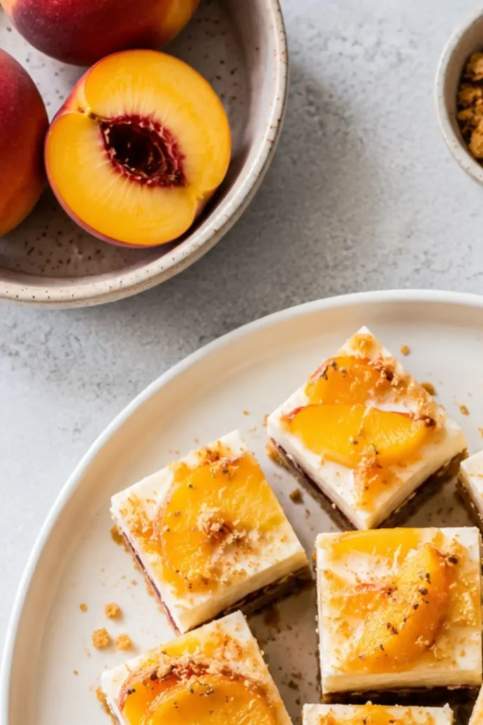 Creamy Vegan Peach Layered Dessert Bars
