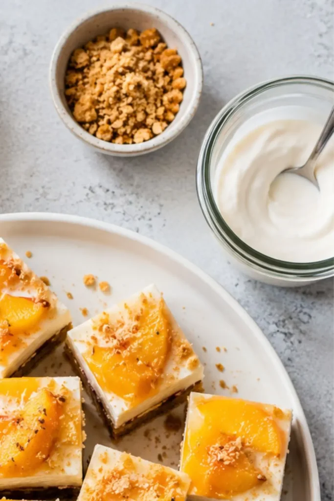Creamy Vegan Peach Layered Dessert Bars