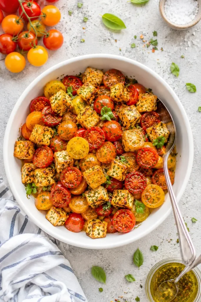 Sheet Pan Roasted Cherry Tomatoes with Garlic and Herb Tofu