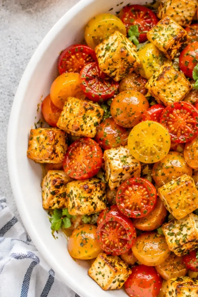 Sheet Pan Roasted Cherry Tomatoes with Garlic and Herb Tofu
