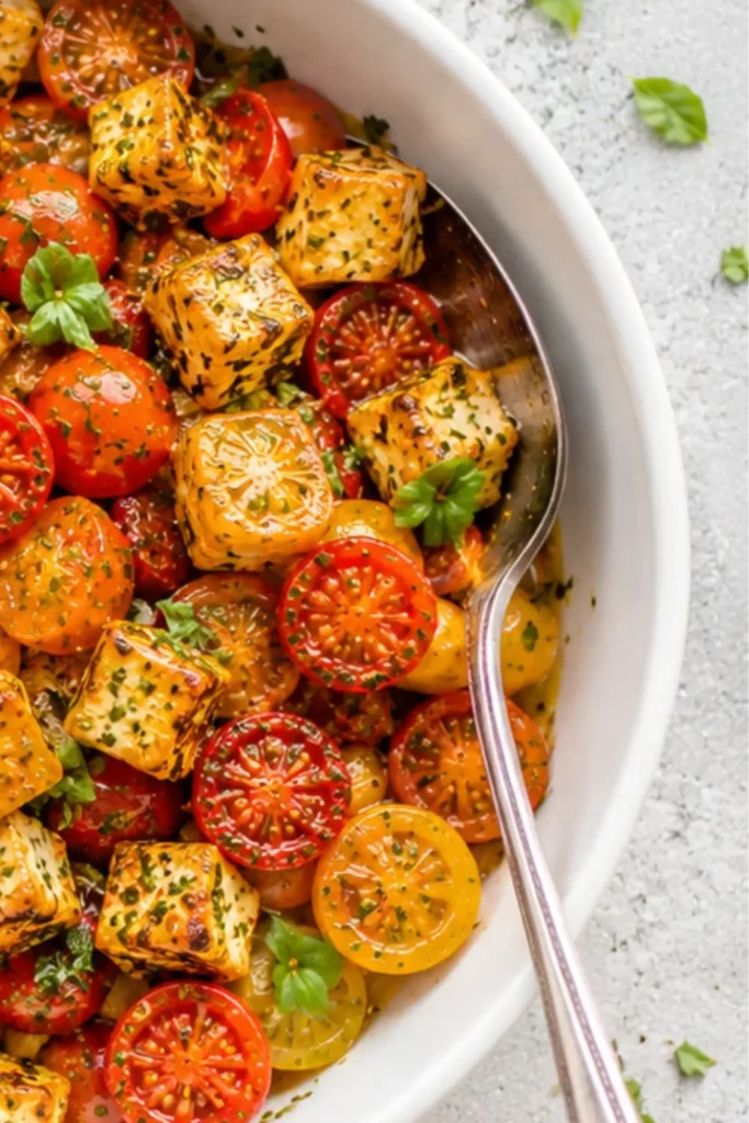 Sheet Pan Roasted Cherry Tomatoes with Garlic and Herb Tofu