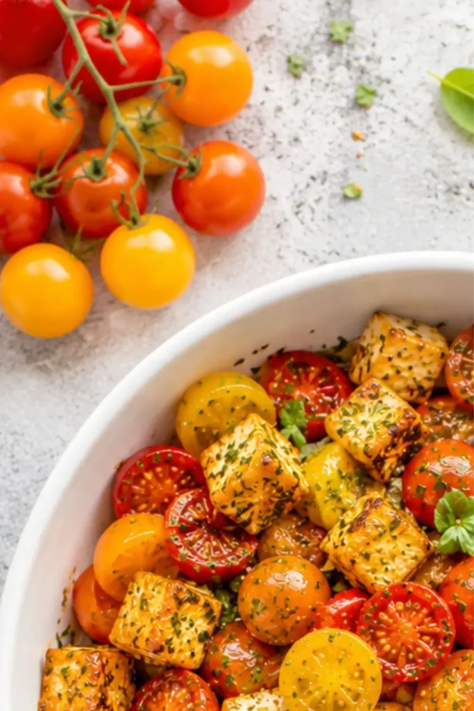 Sheet Pan Roasted Cherry Tomatoes with Garlic and Herb Tofu