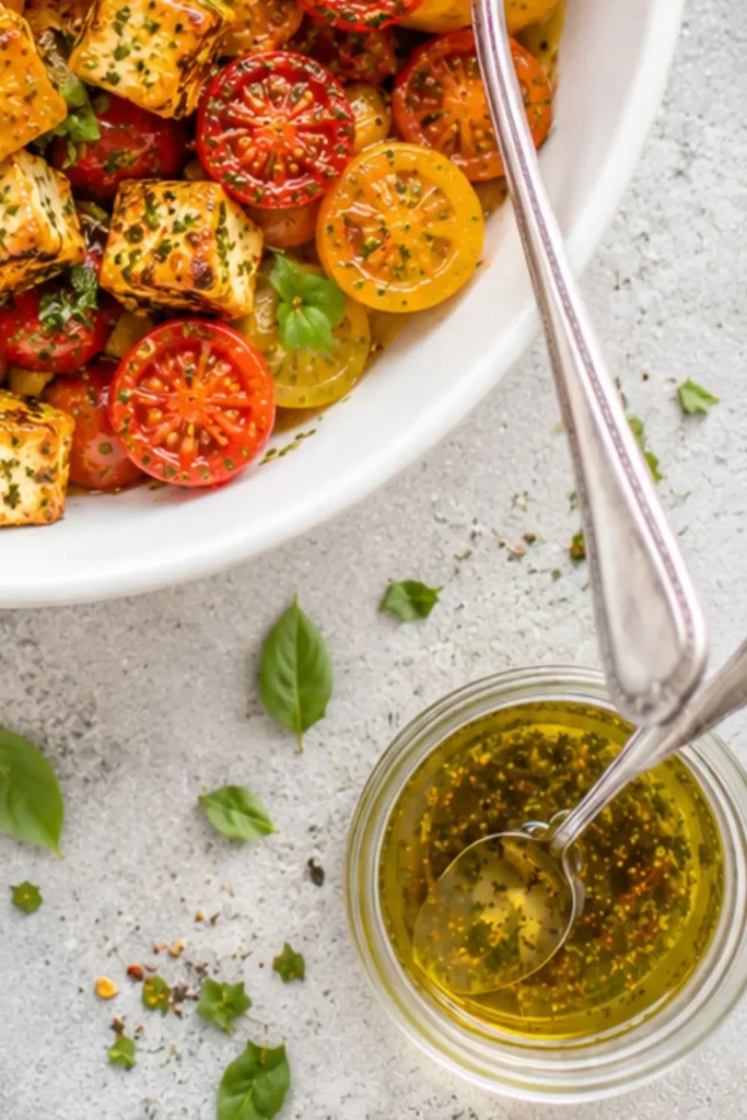Sheet Pan Roasted Cherry Tomatoes with Garlic and Herb Tofu