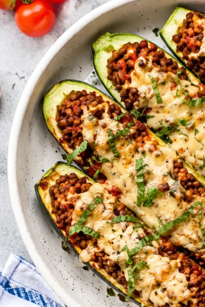 Stuffed Zucchini Boats with Spicy Lentils and Vegan Cheese