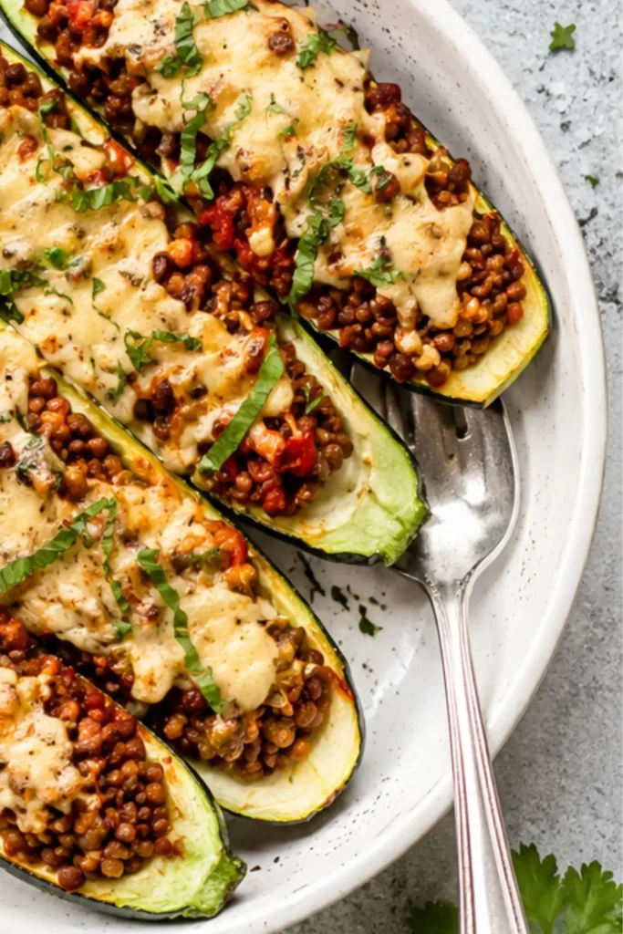 Stuffed Zucchini Boats with Spicy Lentils and Vegan Cheese
