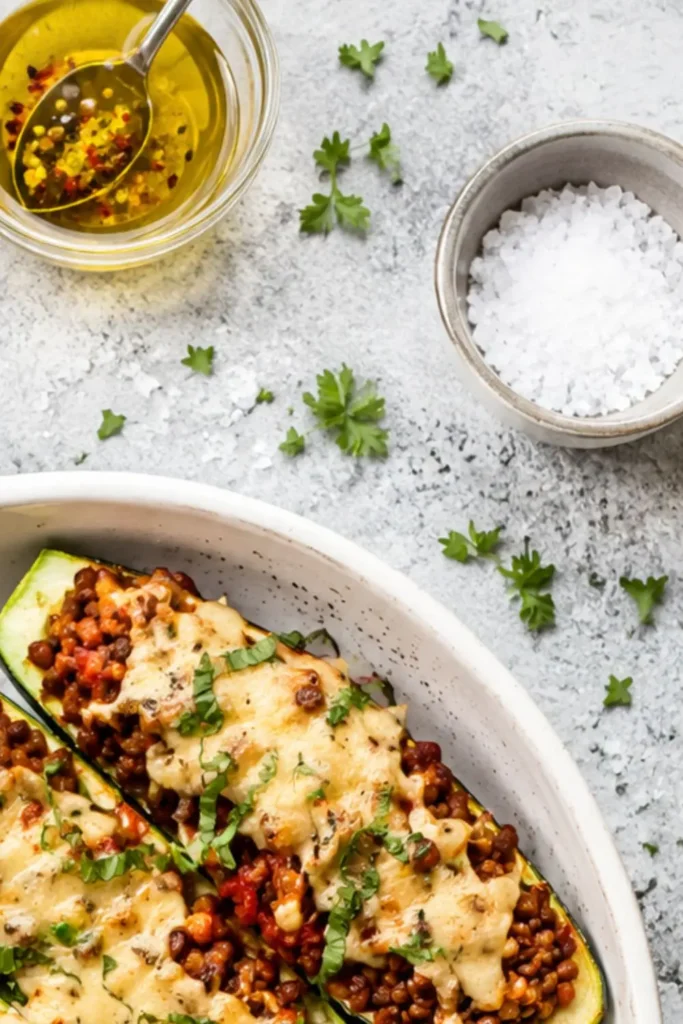 Stuffed Zucchini Boats with Spicy Lentils and Vegan Cheese