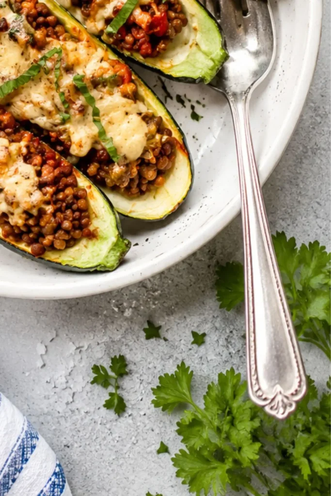 Stuffed Zucchini Boats with Spicy Lentils and Vegan Cheese