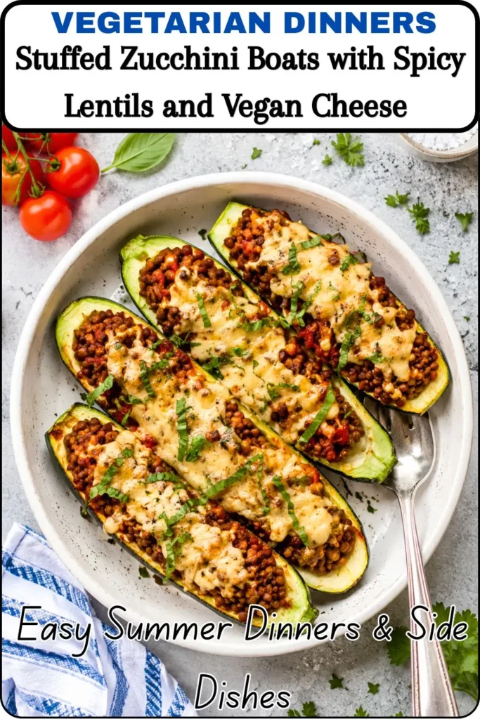 Stuffed Zucchini Boats with Spicy Lentils and Vegan Cheese