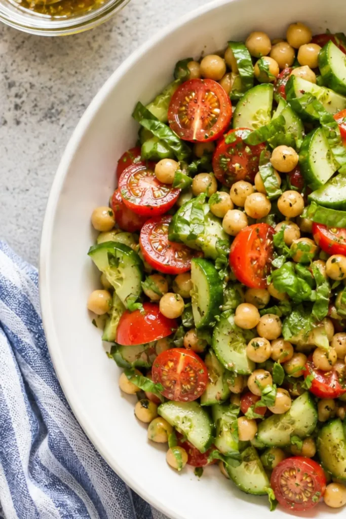 Tuscan Chickpea Cucumber Tomato Salad with Basil