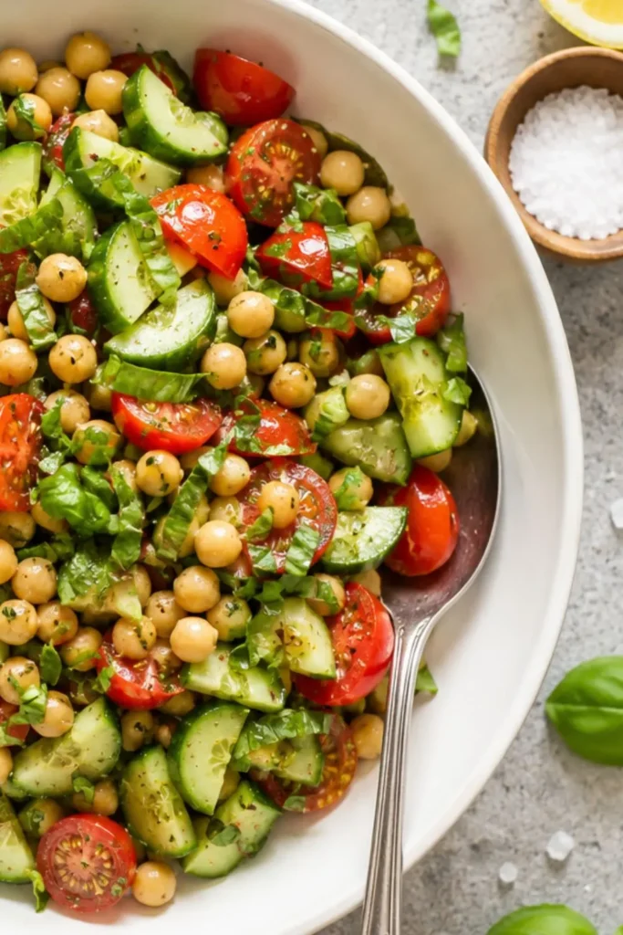 Tuscan Chickpea Cucumber Tomato Salad with Basil