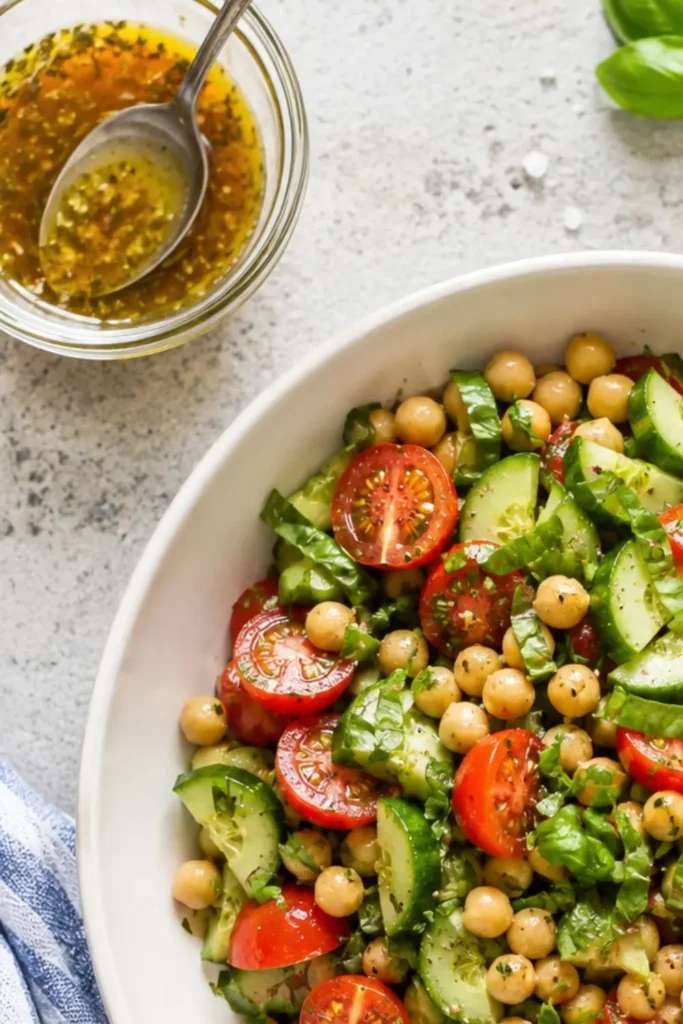 Tuscan Chickpea Cucumber Tomato Salad with Basil