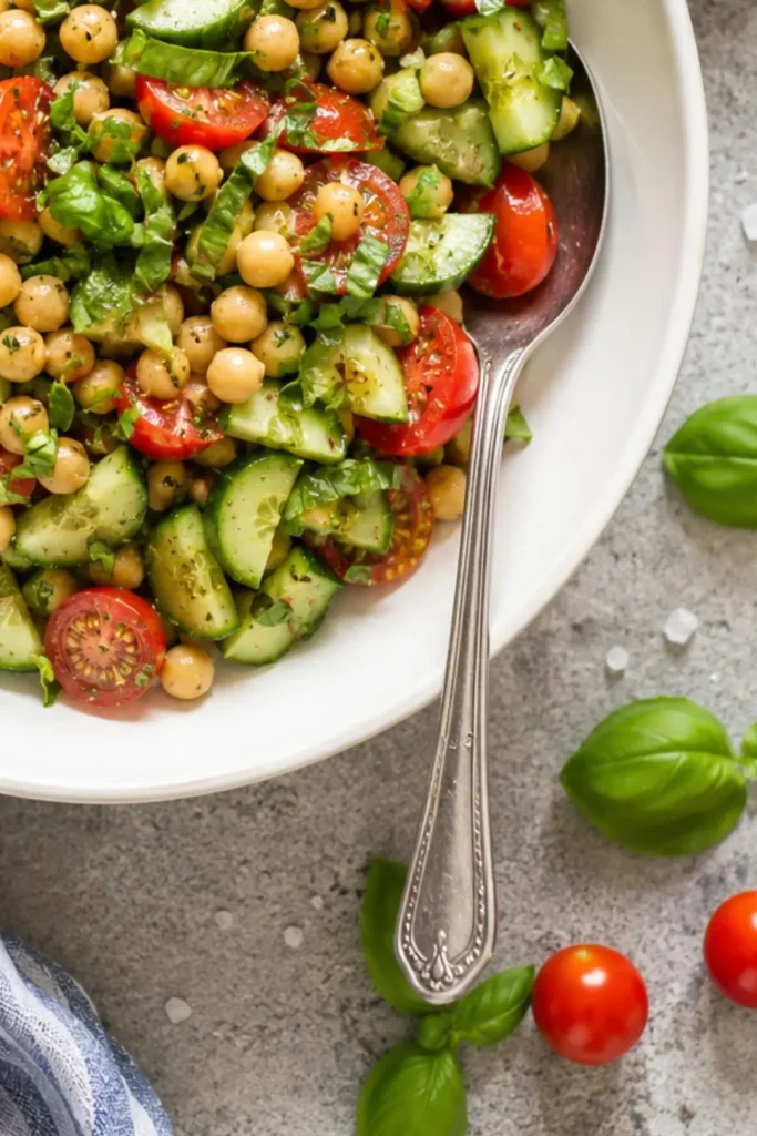 Tuscan Chickpea Cucumber Tomato Salad with Basil